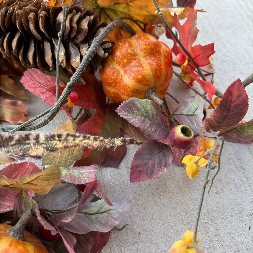 Two Autumn Harvest Pinecone Feather and Leaf Swags